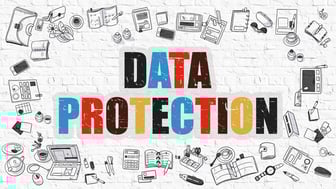 Data Protection Concept. Modern Line Style Illustration. Multicolor Data Protection Drawn on White Brick Wall. Doodle Icons. Doodle Design Style of Data Protection Concept.
