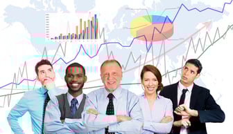 Multicultural group business people with folded hands, team leader concept finance graph chart diagram, world map background. Happy smiling corporate employees. Busy office lifestyle company executive
